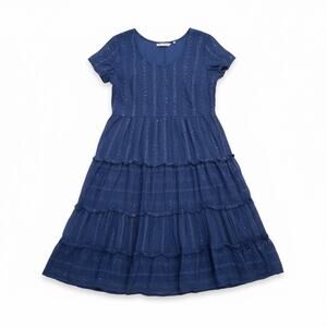 Soft Surroundings Indigo Tiered Midi Dress Sequin Stripe Boho Cottage PL